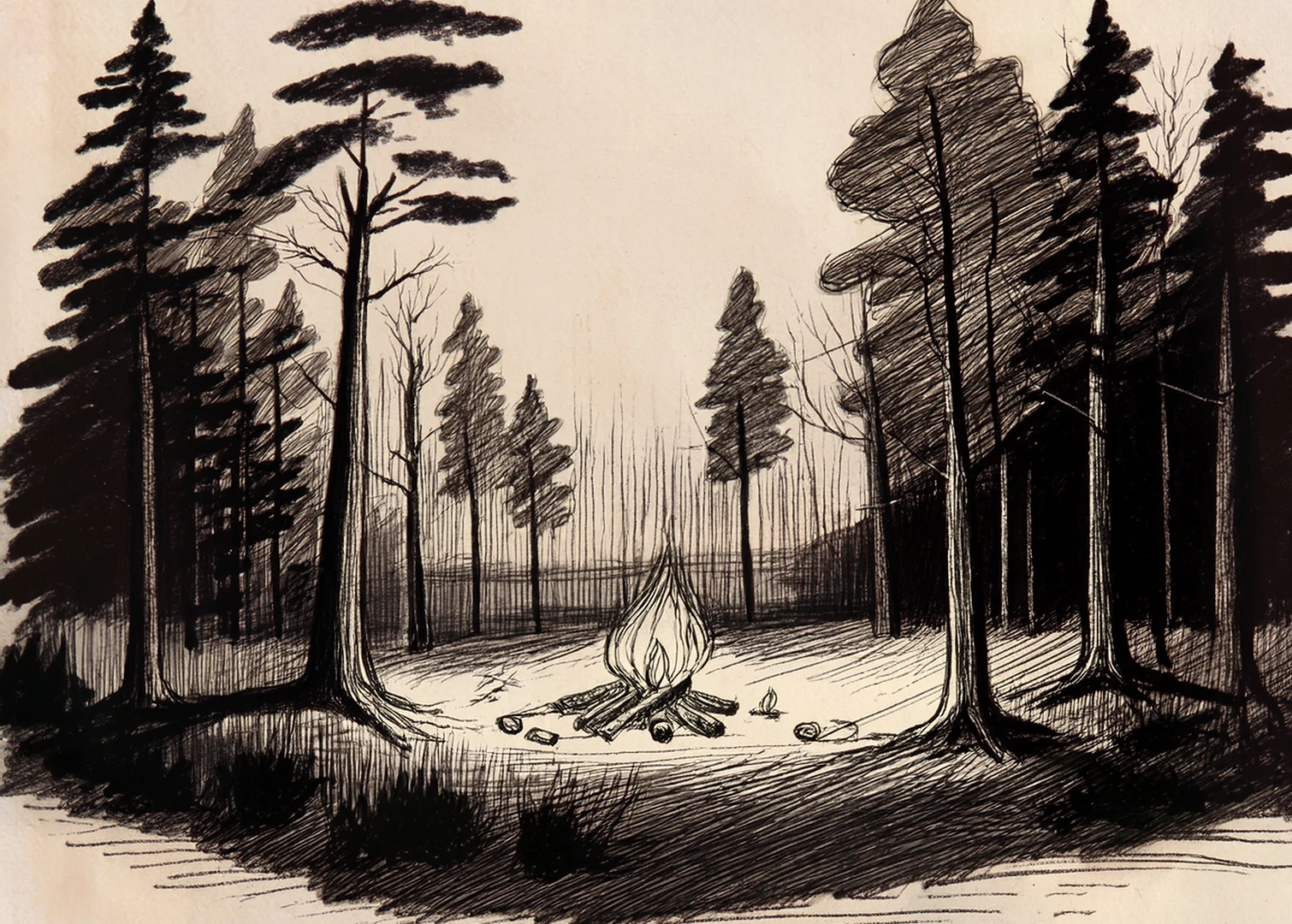 A charcoal drawing of a small fire burning in a forest clearing at night. Tall pines press close on either side, their shadows stretching across the ground. The fire is the only light.